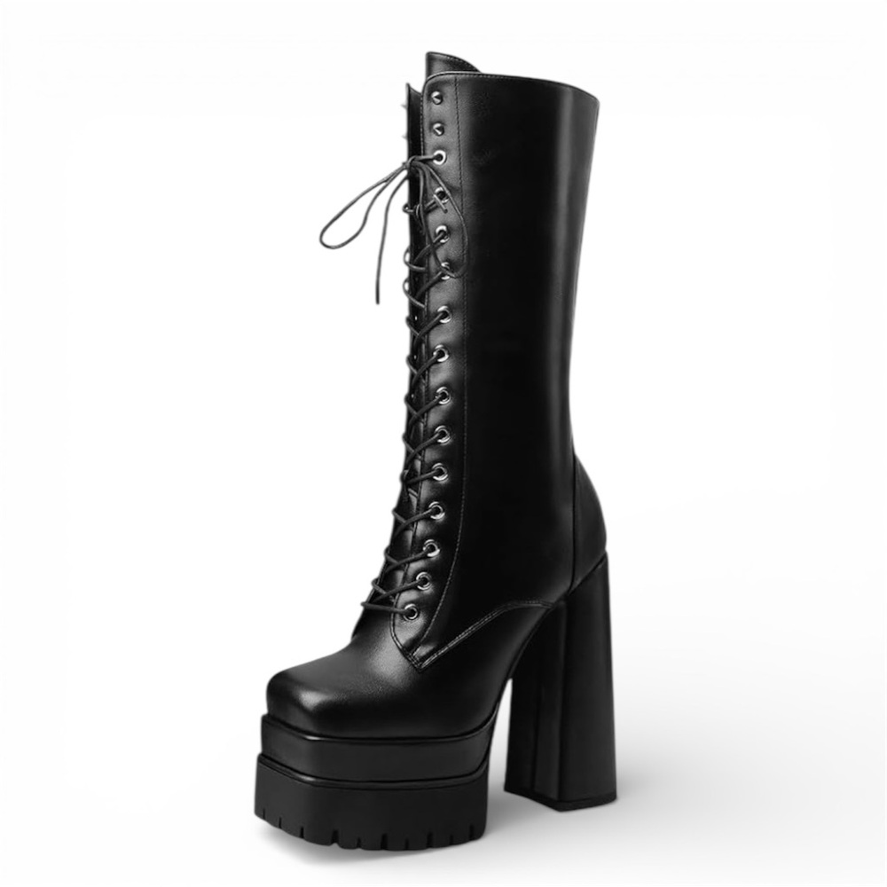 BRATZ Black Leather Lace Up Platform Go Go Boots